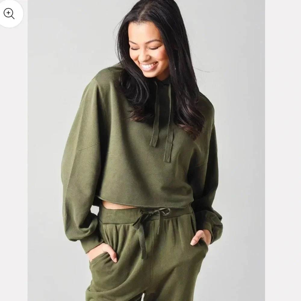FRAME DENIM EUC Easy Organic Cotton Cropped Hoodie Joggers Set XS Forest Green - Picture 3 of 16